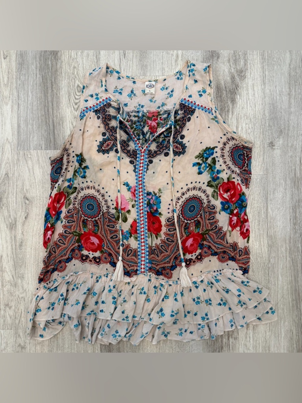 Bila Boho‎ Floral Paisley Tassel Tie Blouse Size Large